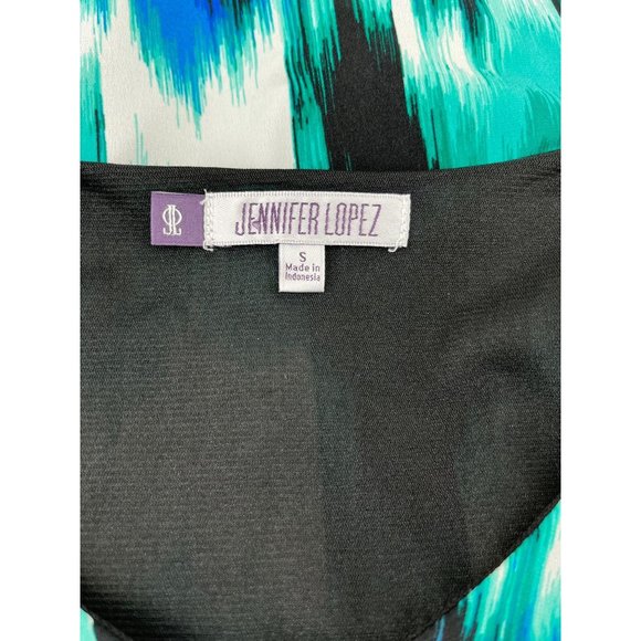 Jennifer Lopez sheath dress s short sleeve stretchy blue green geo - Picture 7 of 10
